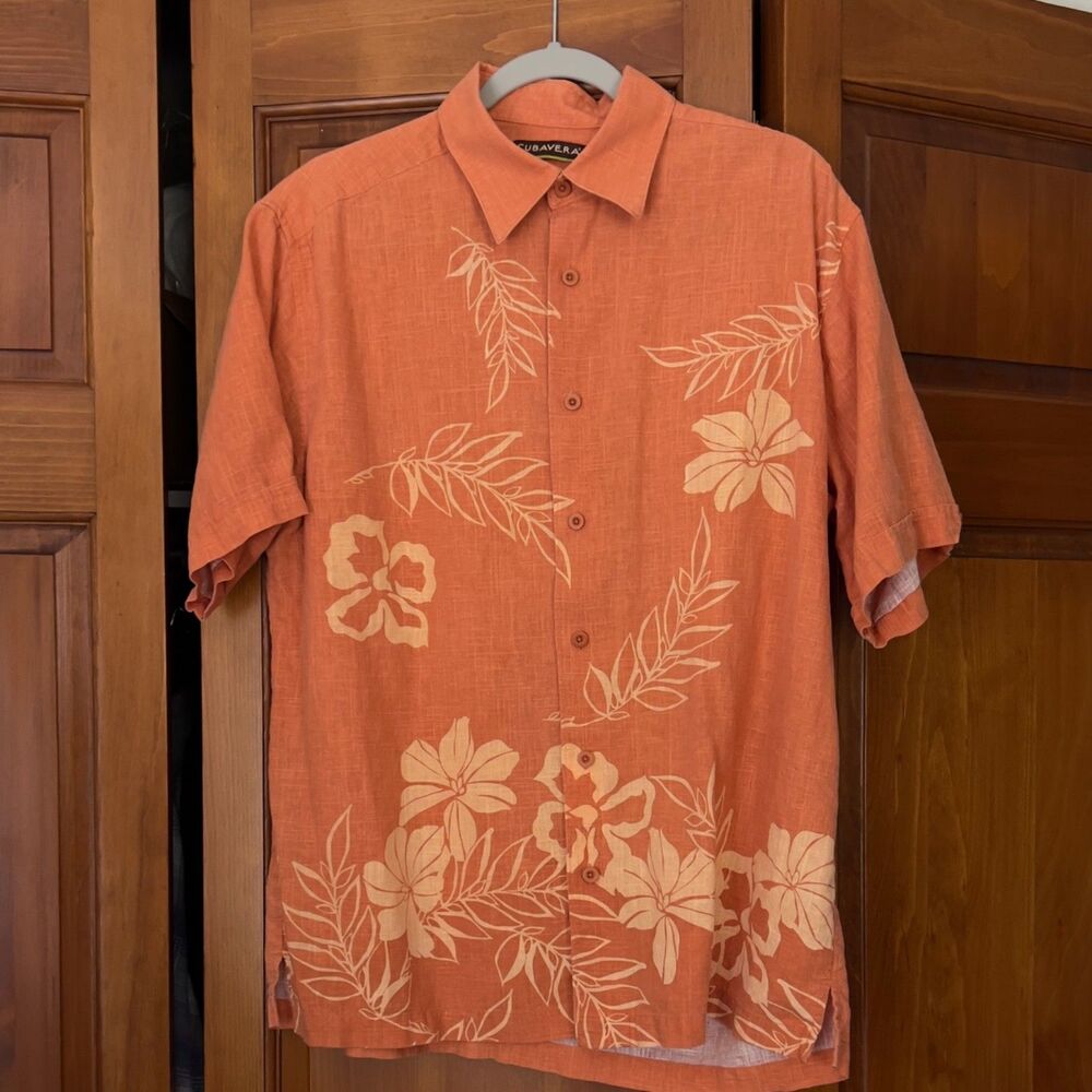 Cubavera Men's Size L Orange Linen Rayon Hawaiian Camp Shirt Floral Hibiscus